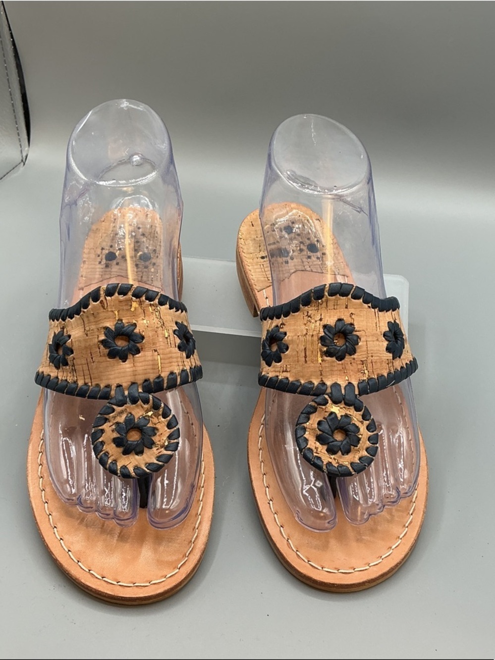 Jack Rogers Tan Cork Thong Sandals Cork with Navy Floral Stitching, size 7